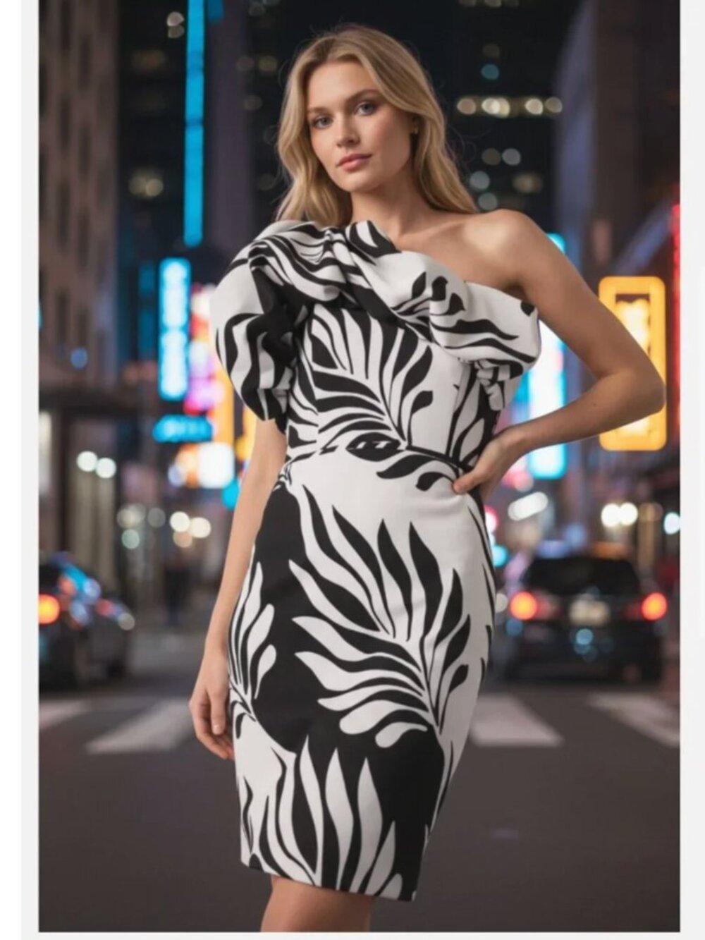 NWT $180 White House Black Market One-Shoulder Jacquard Dress  Black White SZ-6